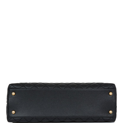 Chanel Large Coco Handle Flap Bag Black Caviar Lizard Handle Antique Gold Hardware