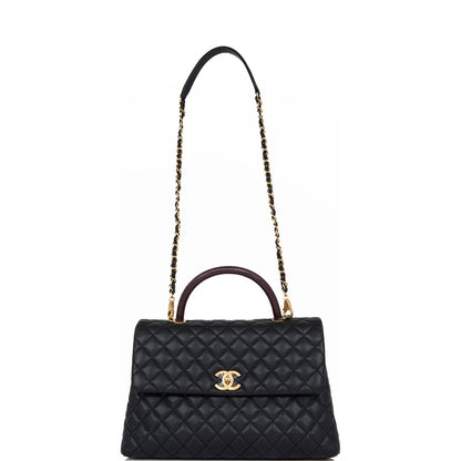 Chanel Large Coco Handle Flap Bag Black Caviar Lizard Handle Antique Gold Hardware