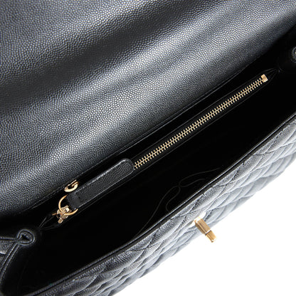 Chanel Large Coco Handle Flap Bag Black Caviar Lizard Handle Antique Gold Hardware