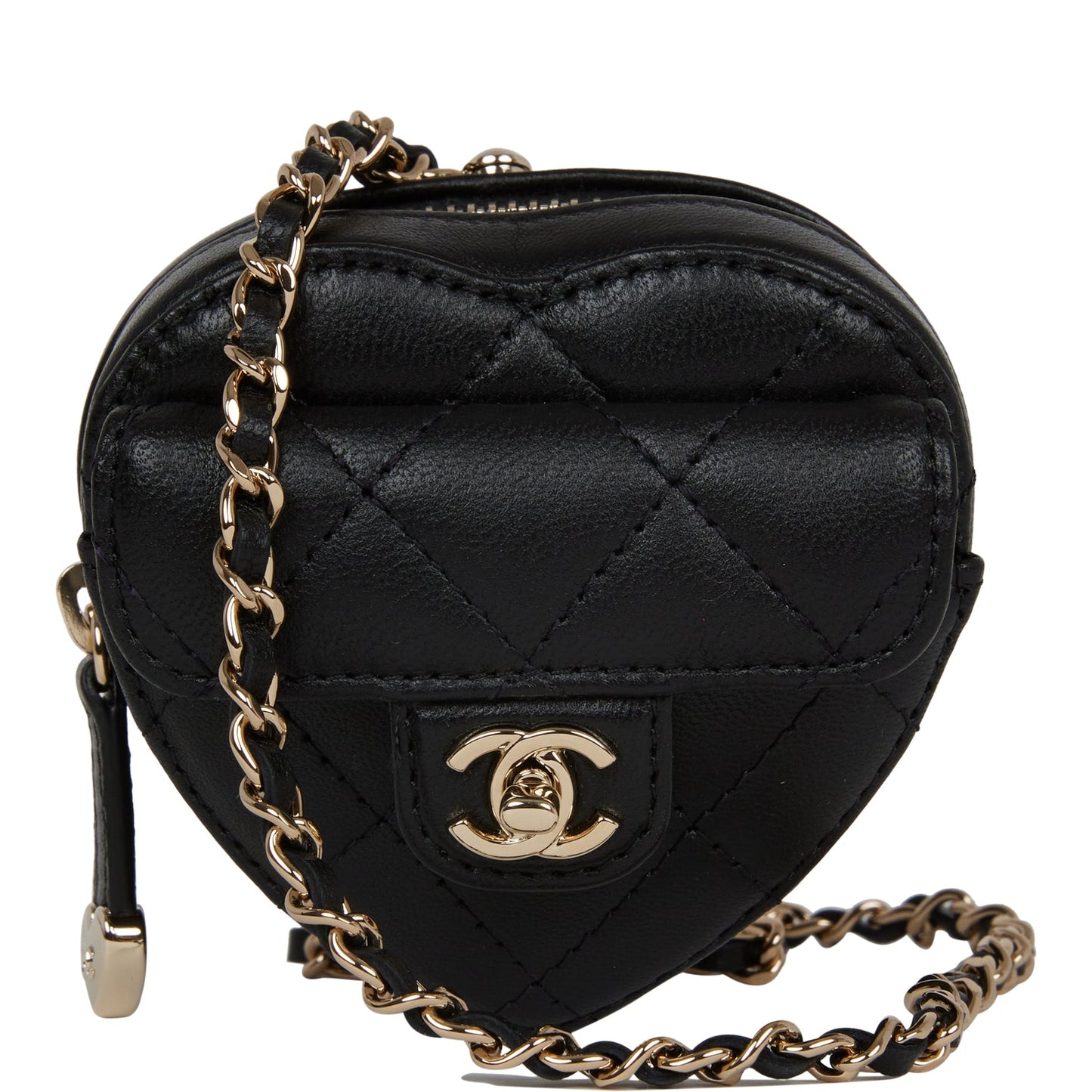 Chanel CC In Love Heart Necklace Bag Black Lambskin Light Gold Hardware