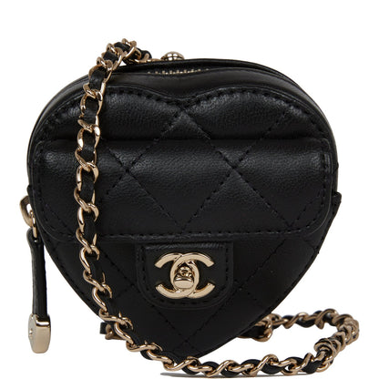 Chanel CC In Love Heart Necklace Bag Black Lambskin Light Gold Hardware