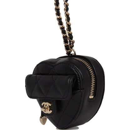 Chanel CC In Love Heart Necklace Bag Black Lambskin Light Gold Hardware