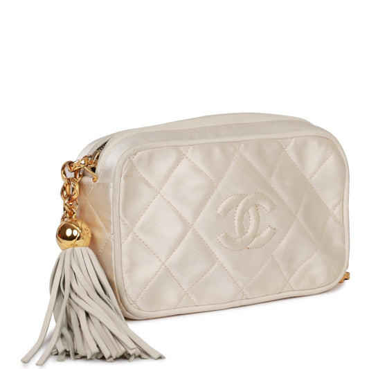 Chanel Vintage Mini Camera Bag Beige Satin Gold Hardware