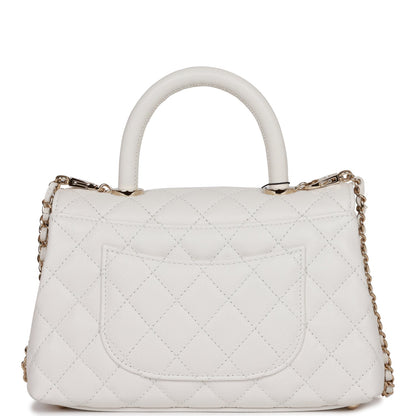 Chanel Small Coco Handle Flap Bag White Caviar Light Gold Hardware