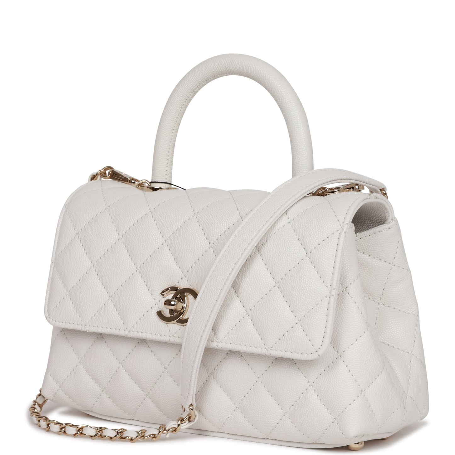 Chanel Small Coco Handle Flap Bag White Caviar Light Gold Hardware