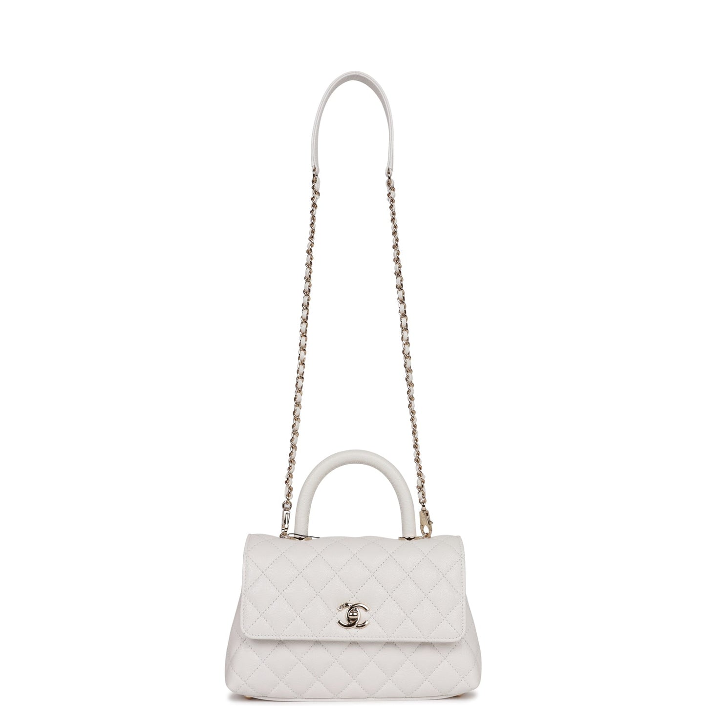 Chanel Small Coco Handle Flap Bag White Caviar Light Gold Hardware
