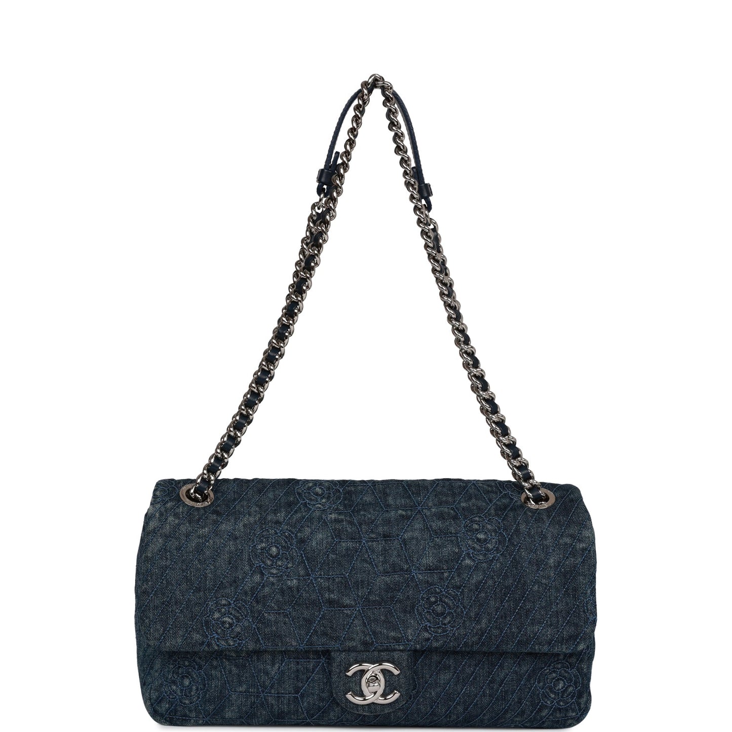 Chanel Camellia Flap Bag Distressed Blue Denim Silver Hardware