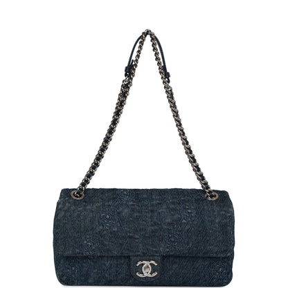 Chanel Camellia Flap Bag Distressed Blue Denim Silver Hardware