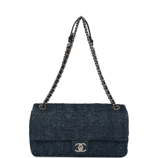 Chanel Camellia Flap Bag Distressed Blue Denim Silver Hardware