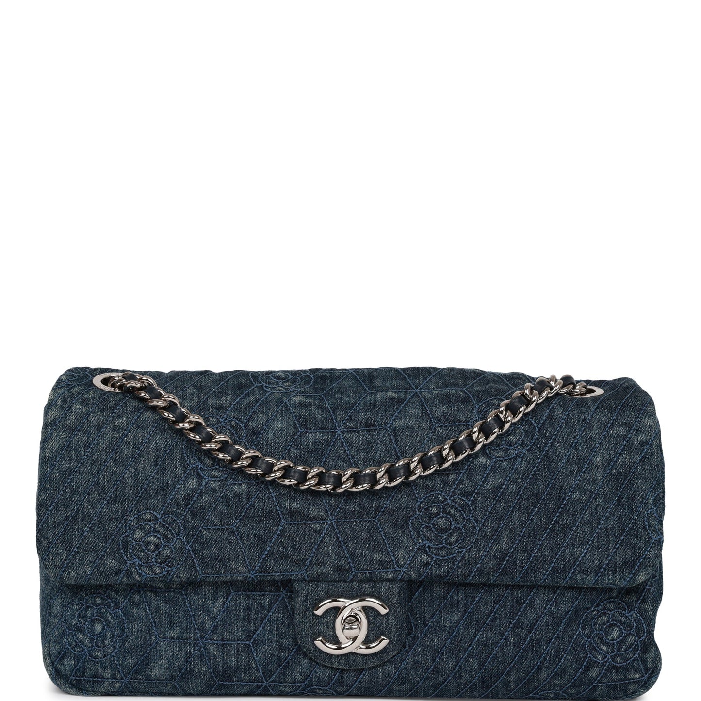 Chanel Camellia Flap Bag Distressed Blue Denim Silver Hardware
