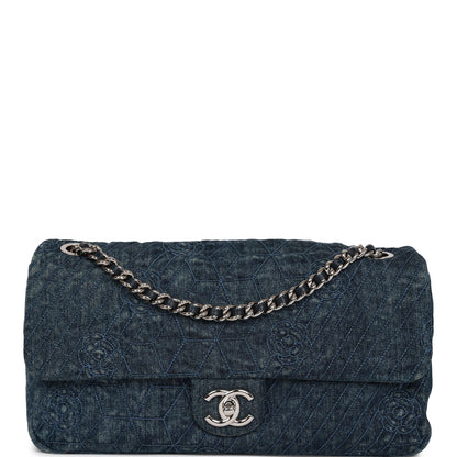 Chanel Camellia Flap Bag Distressed Blue Denim Silver Hardware