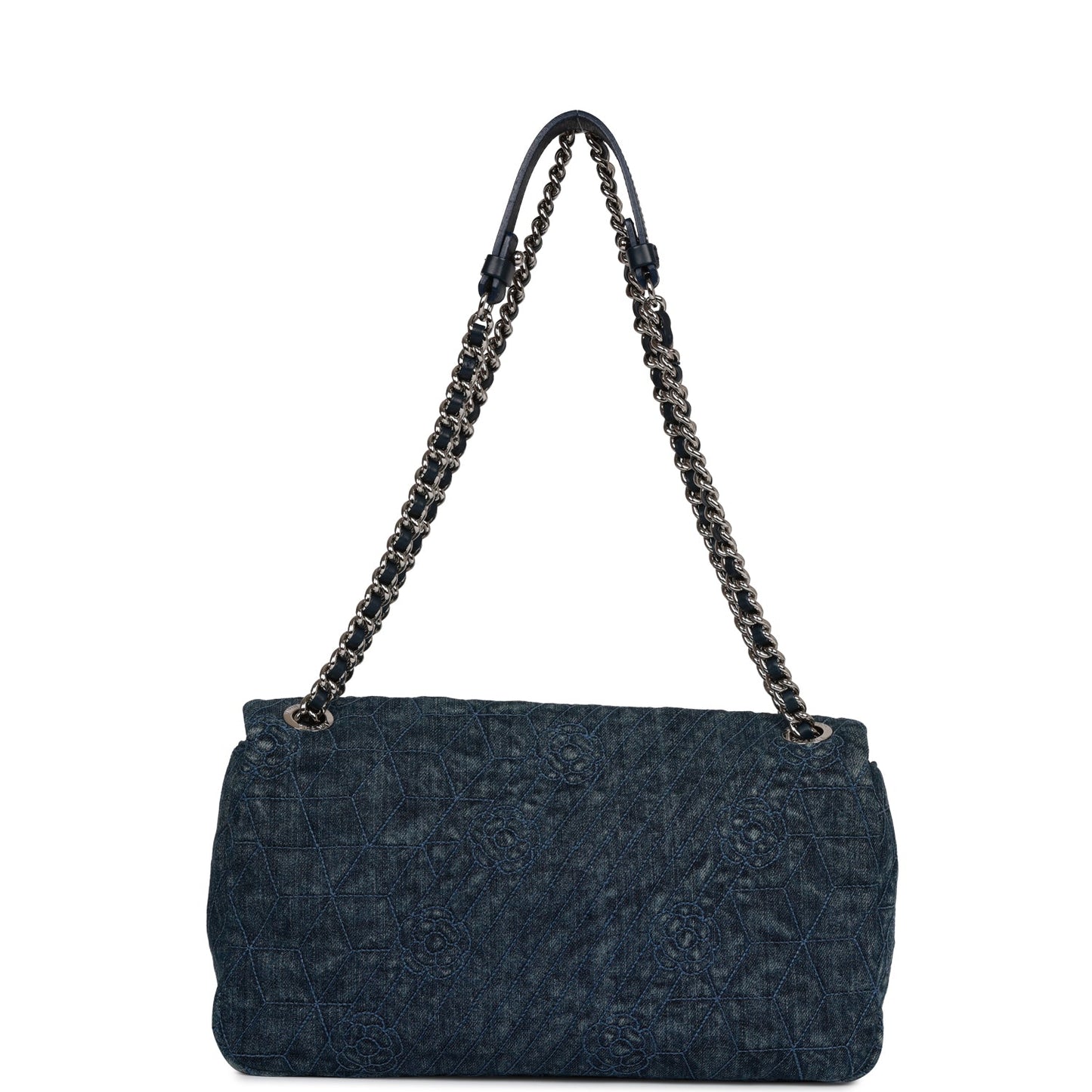 Chanel Camellia Flap Bag Distressed Blue Denim Silver Hardware