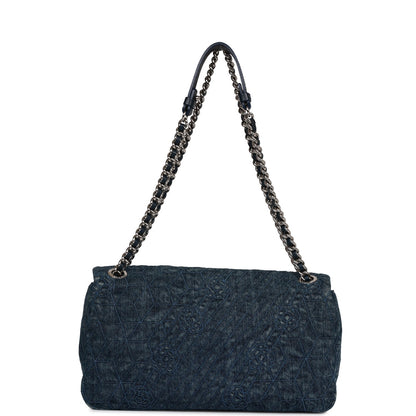 Chanel Camellia Flap Bag Distressed Blue Denim Silver Hardware