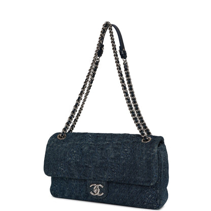 Chanel Camellia Flap Bag Distressed Blue Denim Silver Hardware