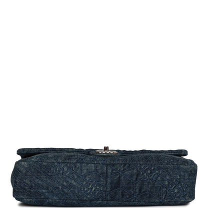 Chanel Camellia Flap Bag Distressed Blue Denim Silver Hardware