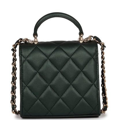 Chanel Mini Top Handle Clutch With Chain Dark Green Iridescent Lambskin Light Gold Hardware