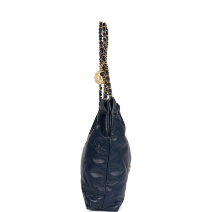 Chanel Large 22 Bag Navy Lambskin Antique Gold Hardware
