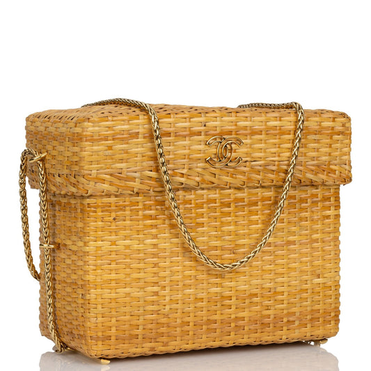Chanel Vintage Small Picnic Basket Bag Natural Wicker Gold Hardware