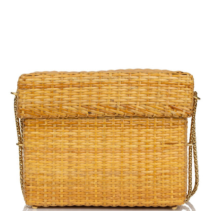 Chanel Vintage Small Picnic Basket Bag Natural Wicker Gold Hardware