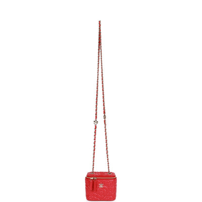 Chanel Camellia Mini Vanity Case Red Lambskin Light Gold Hardware