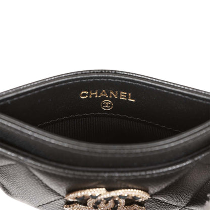 Chanel Card Holder Wallet Black Caviar Crystal and Light Gold Hardware