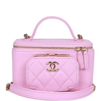 Chanel Small Top Handle Vanity Case Pink Quilted Caviar Gold Hardware