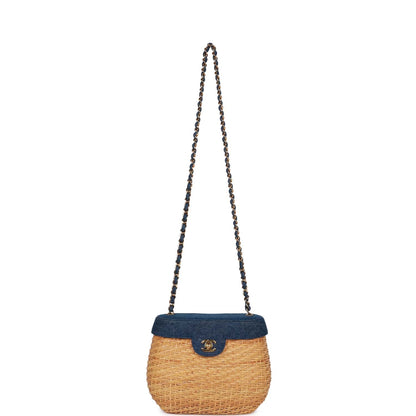 Chanel Vintage Basket Bag Denim and Rattan Wicker Gold Hardware