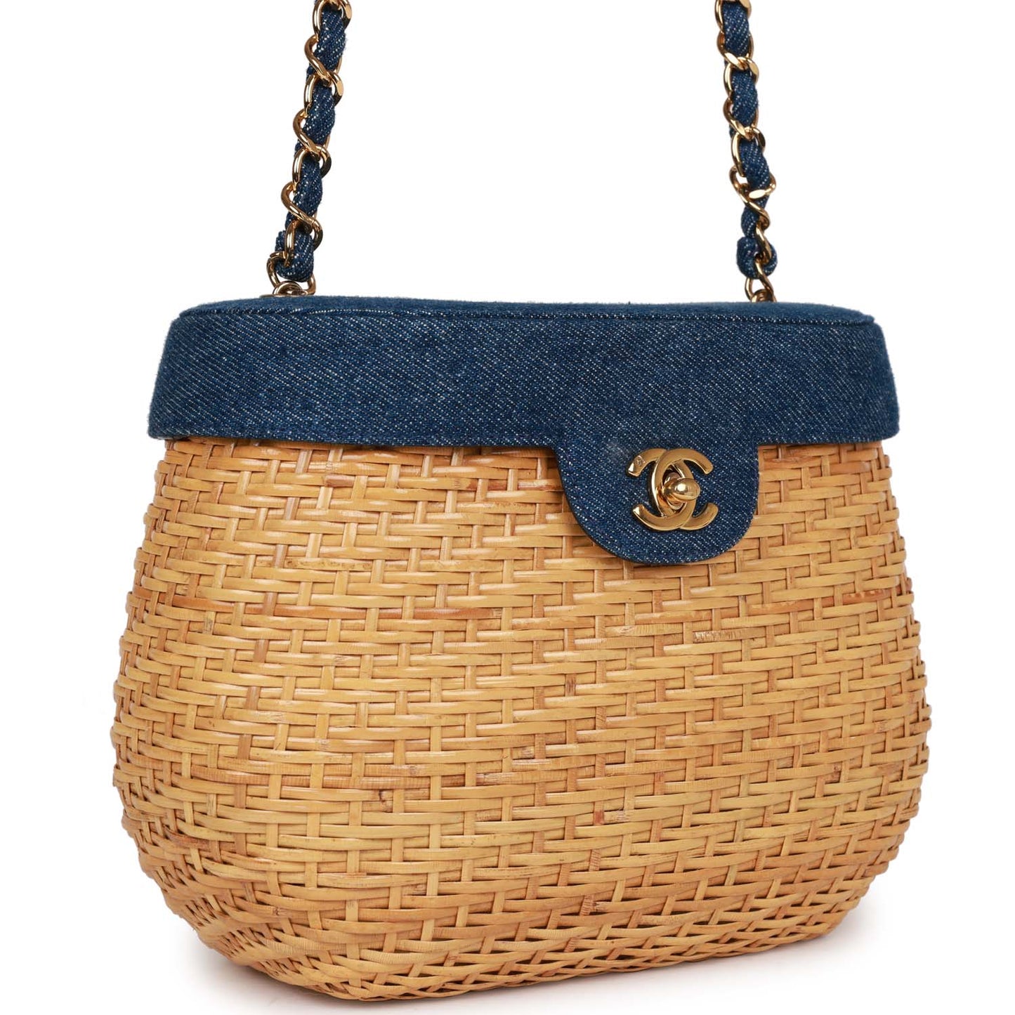 Chanel Vintage Basket Bag Denim and Rattan Wicker Gold Hardware