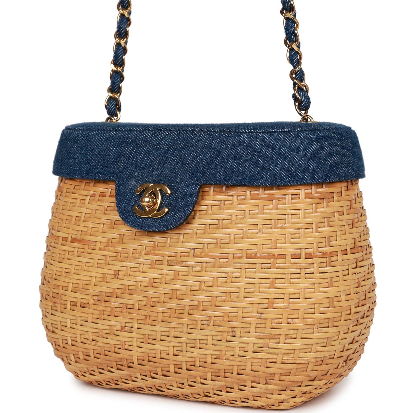 Chanel Vintage Basket Bag Denim and Rattan Wicker Gold Hardware