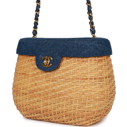 Chanel Vintage Basket Bag Denim and Rattan Wicker Gold Hardware