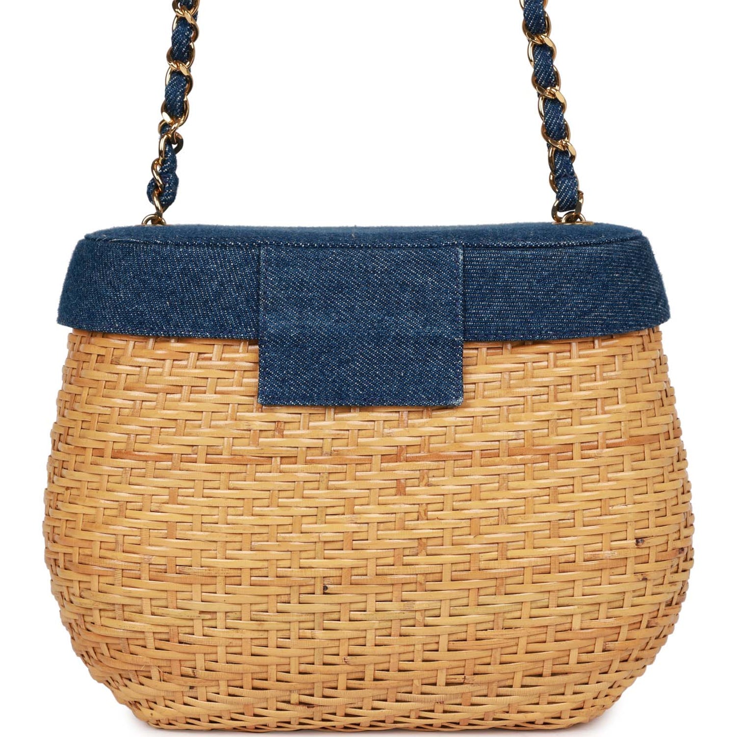 Chanel Vintage Basket Bag Denim and Rattan Wicker Gold Hardware