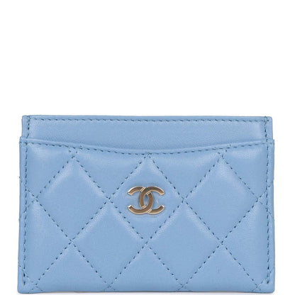 Chanel Flap Card Holder Wallet Blue Lambskin Light Gold Hardware
