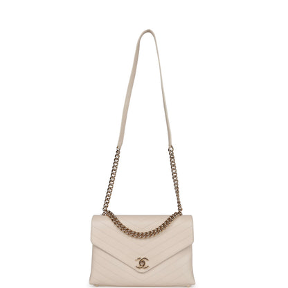 Chanel Envelope Shoulder Flap Bag Ivory Chevron Lambskin Light Gold Hardware