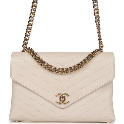 Chanel Envelope Shoulder Flap Bag Ivory Chevron Lambskin Light Gold Hardware