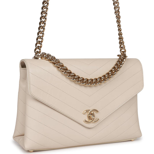 Chanel Envelope Shoulder Flap Bag Ivory Chevron Lambskin Light Gold Hardware