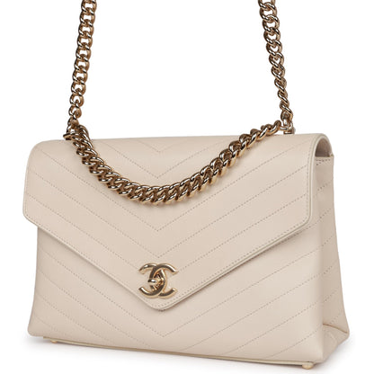 Chanel Envelope Shoulder Flap Bag Ivory Chevron Lambskin Light Gold Hardware