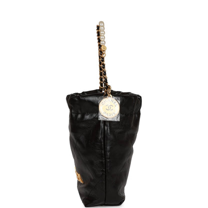 Chanel Mini 22 Bag Black Calfskin and Pearl Antique Gold Hardware