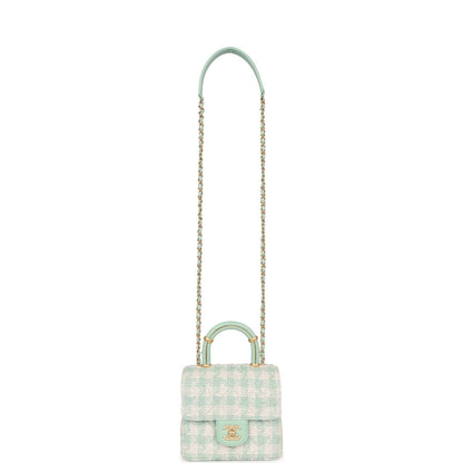 Chanel Mini Square Flap with Top Handle Turquoise and Ecru Tweed Antique Gold Hardware
