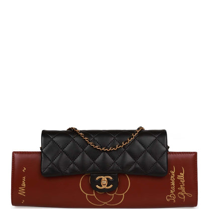 Chanel Classic Flap Gabrielle Brasserie Menu Clutch Burgundy and Black Lambskin Antique Gold Hardware