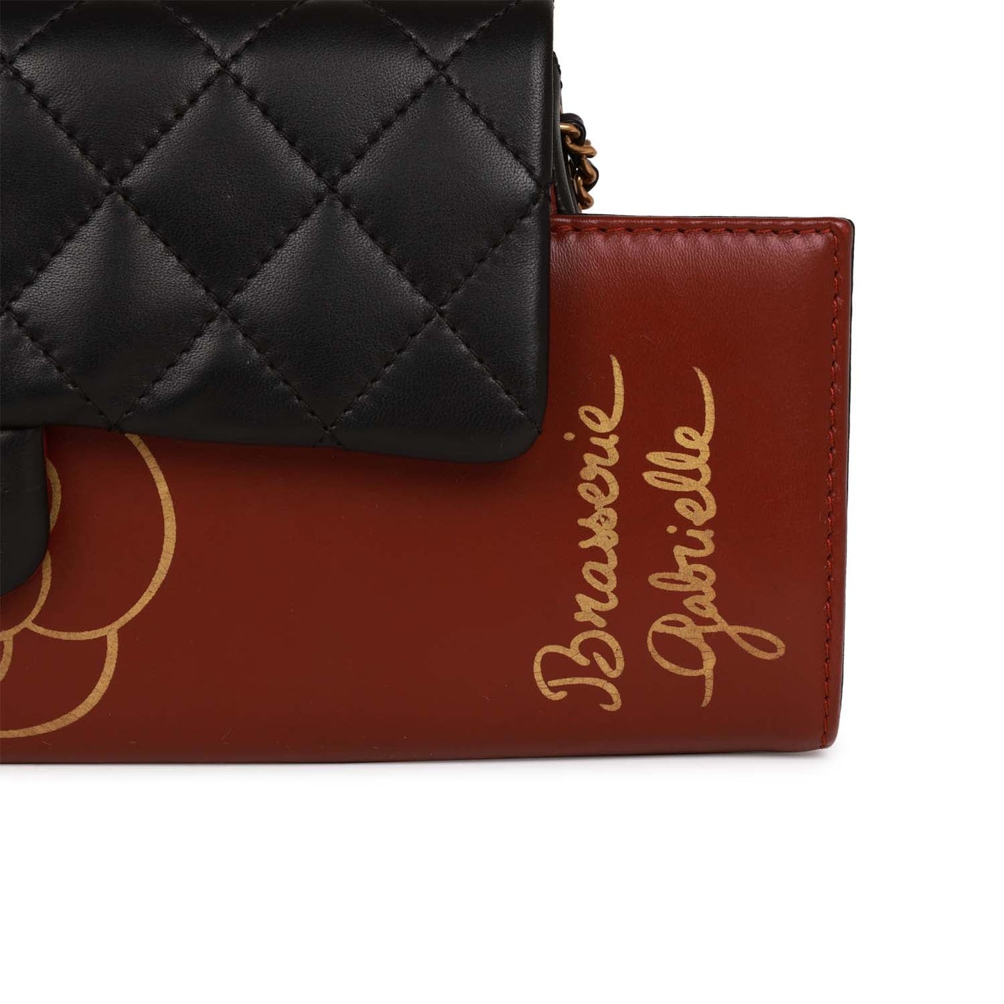 Chanel Classic Flap Gabrielle Brasserie Menu Clutch Burgundy and Black Lambskin Antique Gold Hardware