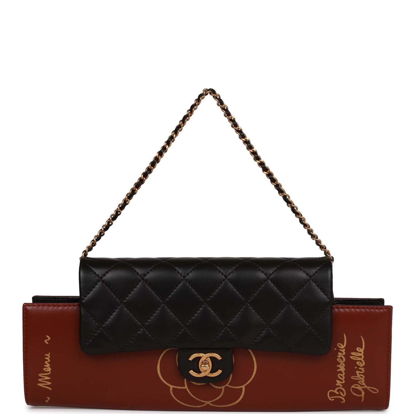 Chanel Classic Flap Gabrielle Brasserie Menu Clutch Burgundy and Black Lambskin Antique Gold Hardware