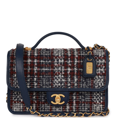 Chanel Medium School Memory Flap Bag with Top Handle Navy Multicolor Tweed Aged Gold Hardware