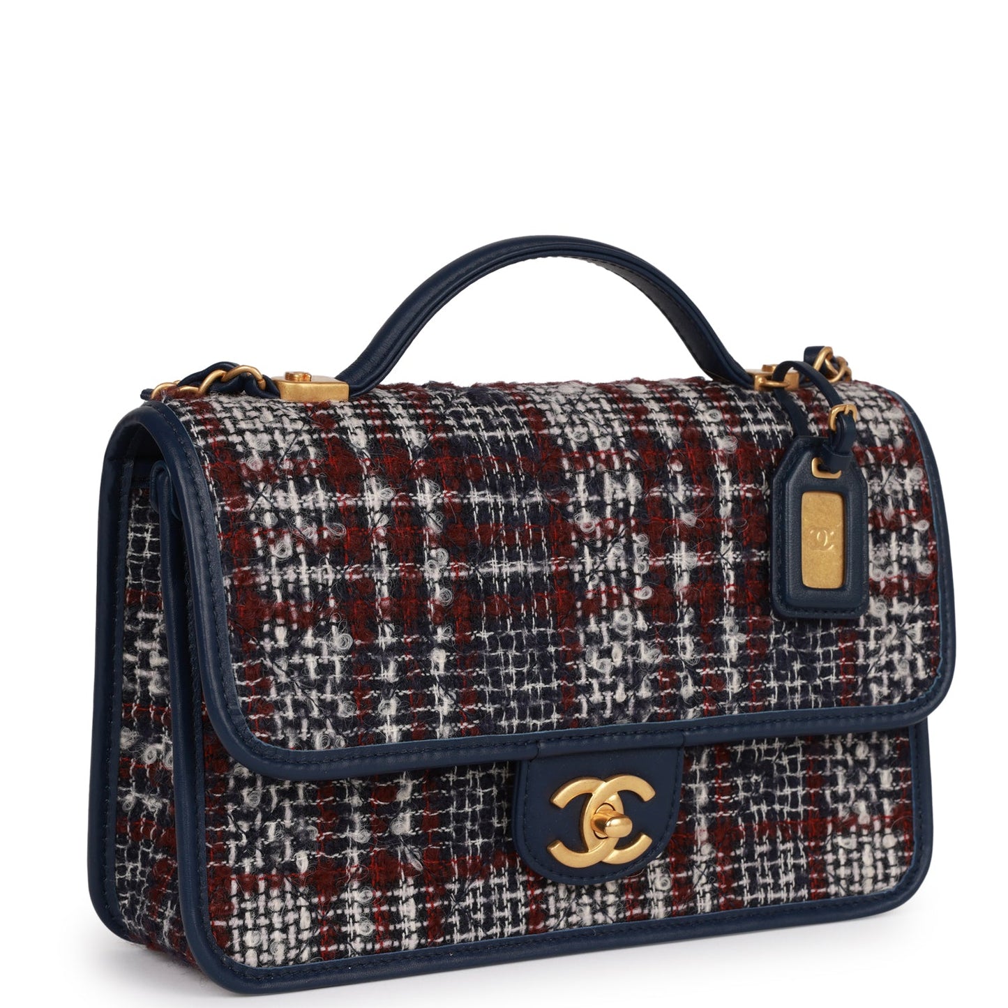 Chanel Medium School Memory Flap Bag with Top Handle Navy Multicolor Tweed Aged Gold Hardware