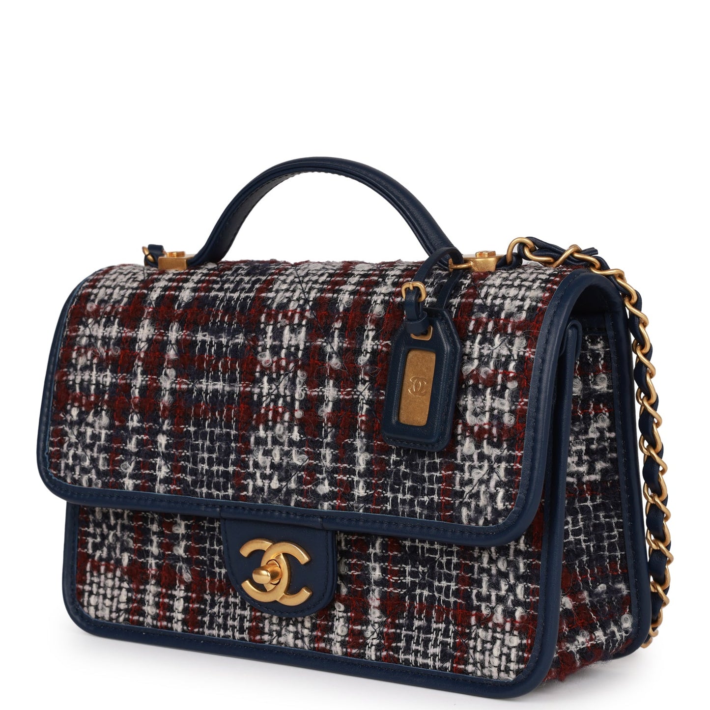 Chanel Medium School Memory Flap Bag with Top Handle Navy Multicolor Tweed Aged Gold Hardware