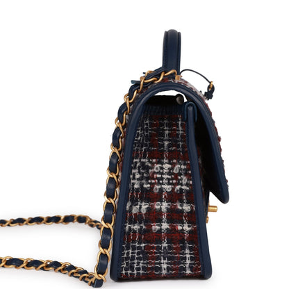 Chanel Medium School Memory Flap Bag with Top Handle Navy Multicolor Tweed Aged Gold Hardware