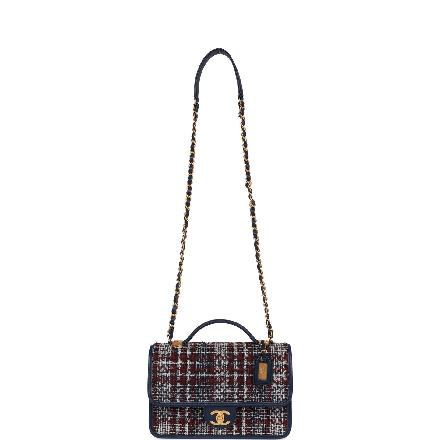 Chanel Medium School Memory Flap Bag with Top Handle Navy Multicolor Tweed Aged Gold Hardware
