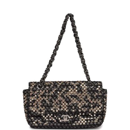 Chanel Medium Single Flap Black and White Tweed With Crystals Silver Hardware