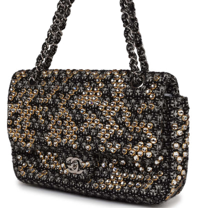 Chanel Medium Single Flap Black and White Tweed With Crystals Silver Hardware