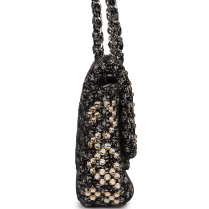 Chanel Medium Single Flap Black and White Tweed With Crystals Silver Hardware