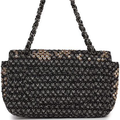 Chanel Medium Single Flap Black and White Tweed With Crystals Silver Hardware